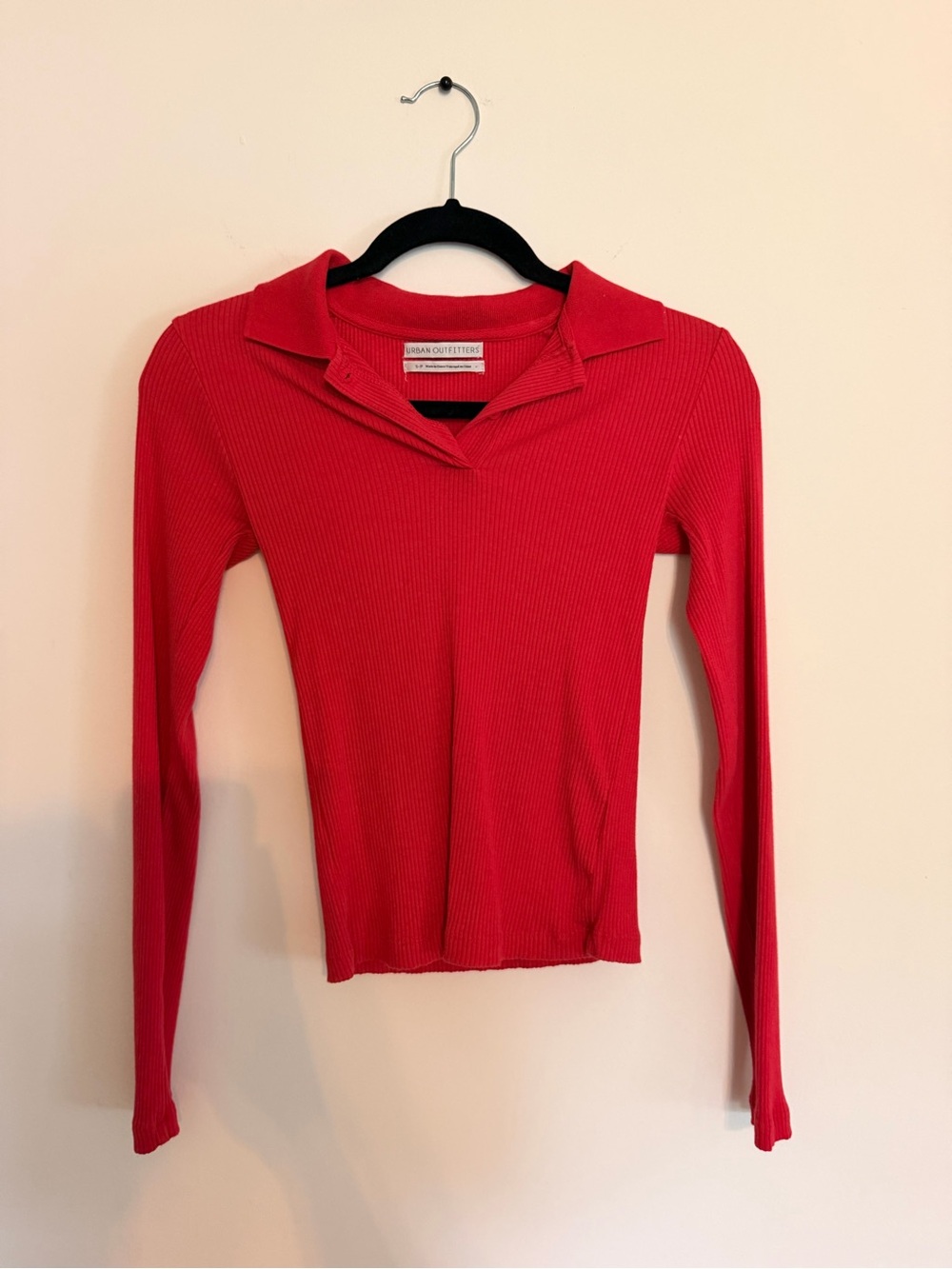 Urban Outfitters Bright Red Ribbed Long-Sleeve Polo Top